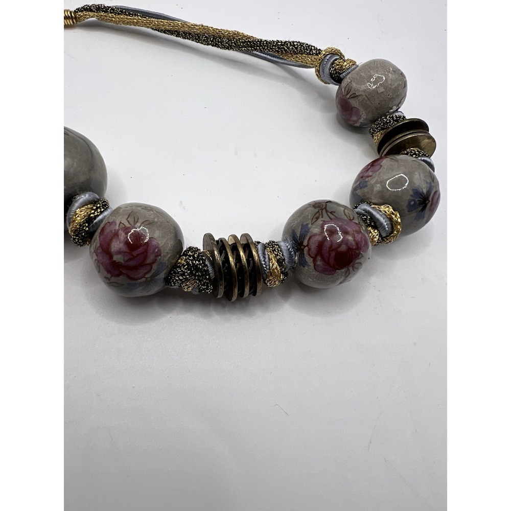 Painted Art Deco Rose Glass Beaded Necklace‎
